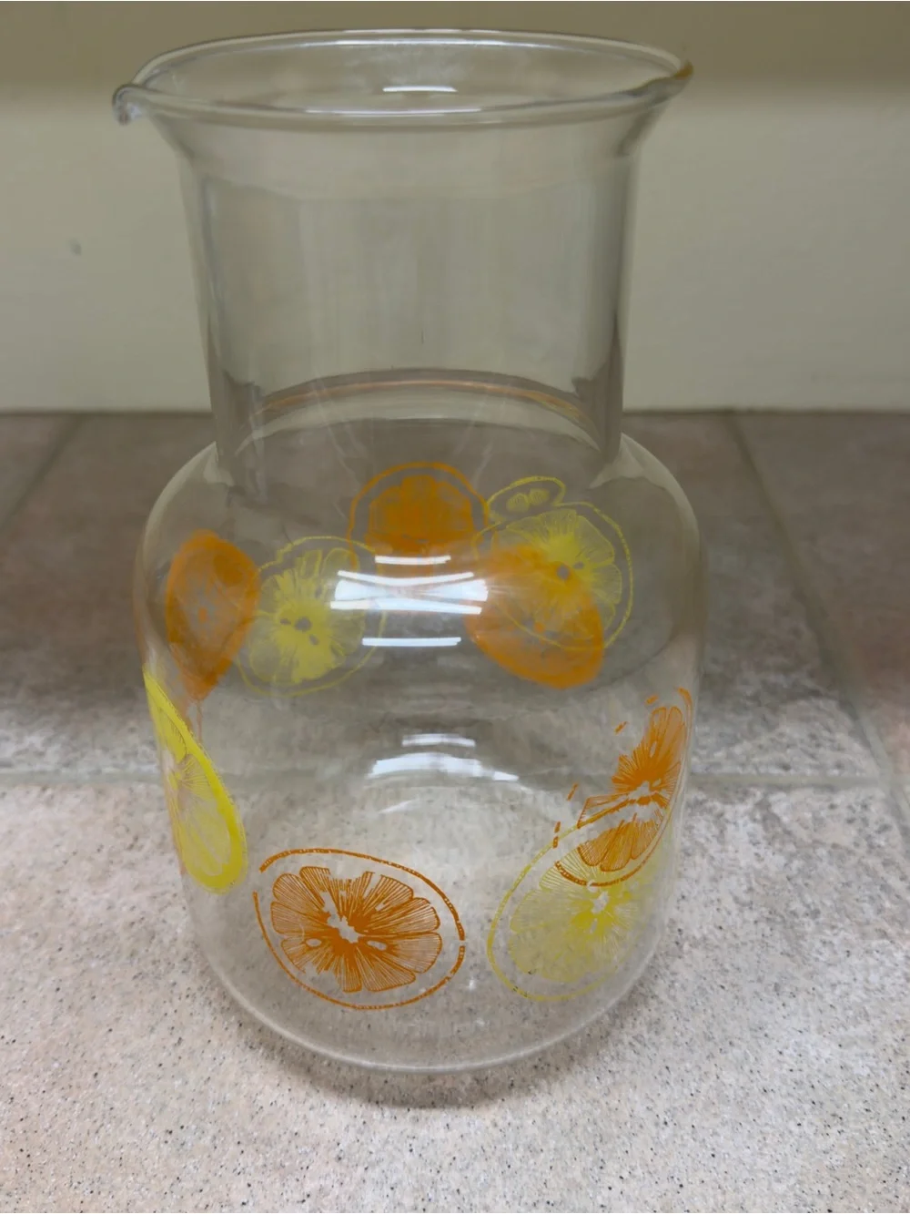 Vintage Pyrex Clear Glass Pitcher with Orange and Yellow Citrus Motif